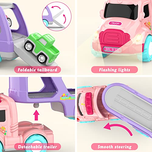 LASCOTON Toys for 1 2 3 Year Old Girl, 5-in-1 Carrier Truck for Toddler Girl, Friction Power Toy Cars with Light & Sound, Birthday Gifts, Pink